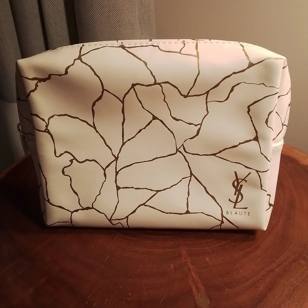 Yves Saint Laurent YSL Beauté Cosmetic Makeup Bag White & Gold Abstract